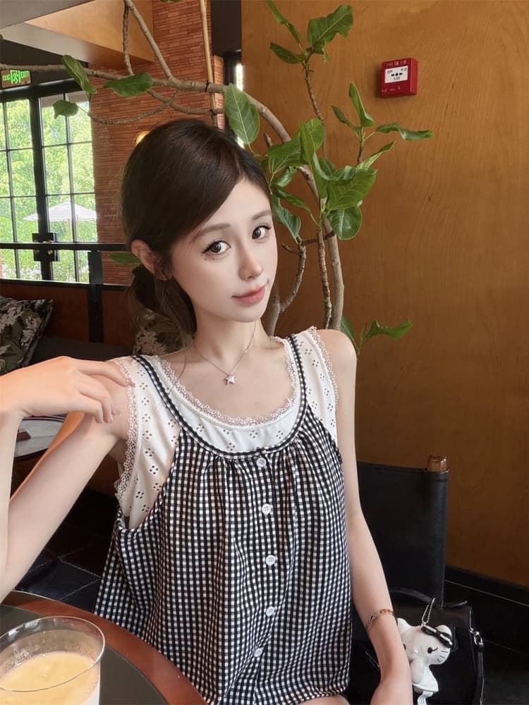 실사 정가 감소되지 않음 레이스 레이스 패치워크 체크무늬 캐미솔 외출용 연령 감소 페이크 레이어드 민소매 맨위 상세 이미지 13