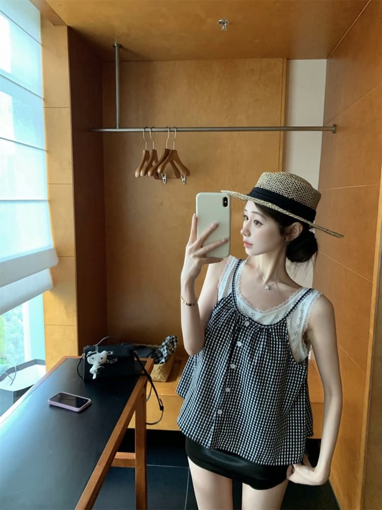 실사 정가 감소되지 않음 레이스 레이스 패치워크 체크무늬 캐미솔 외출용 연령 감소 페이크 레이어드 민소매 맨위 상세 이미지 14