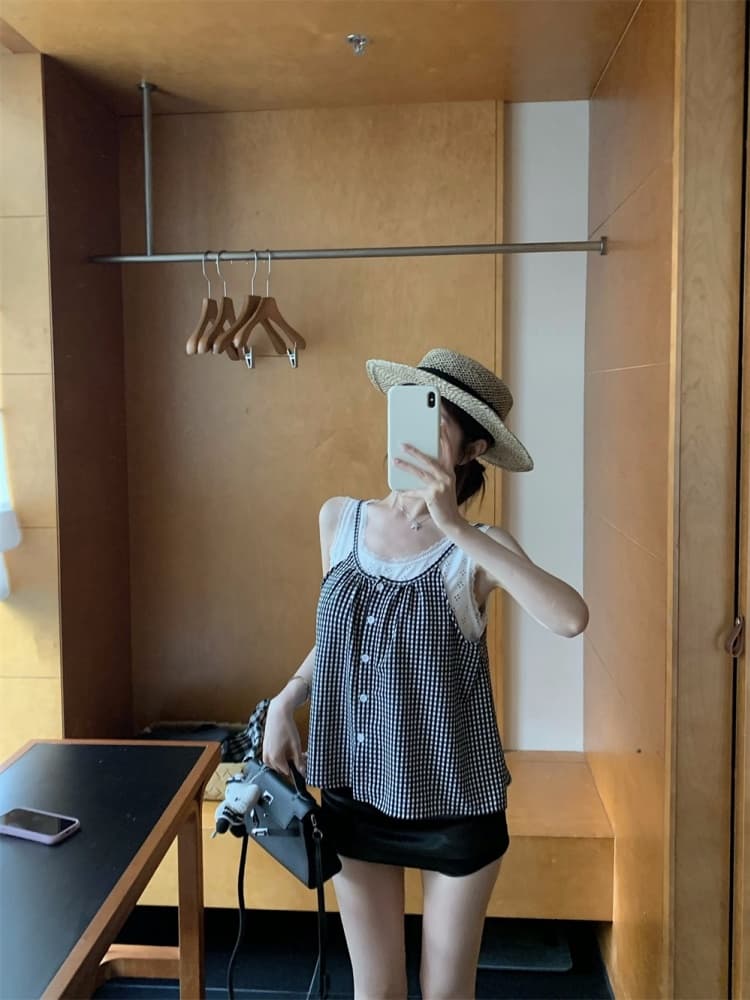 실사 정가 감소되지 않음 레이스 레이스 패치워크 체크무늬 캐미솔 외출용 연령 감소 페이크 레이어드 민소매 맨위 상세 이미지 20