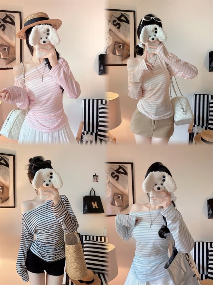 실사 정가 감소되지 않음 달콤한 스타일 레이스 조각 비스듬한 어깨 긴팔 티셔츠 여성 가을 연령 감소 스트라이프 오프숄더 맨위 상세 이미지 9