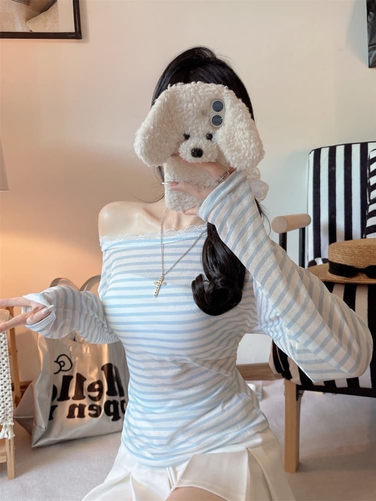 실사 정가 감소되지 않음 달콤한 스타일 레이스 조각 비스듬한 어깨 긴팔 티셔츠 여성 가을 연령 감소 스트라이프 오프숄더 맨위 상세 이미지 13
