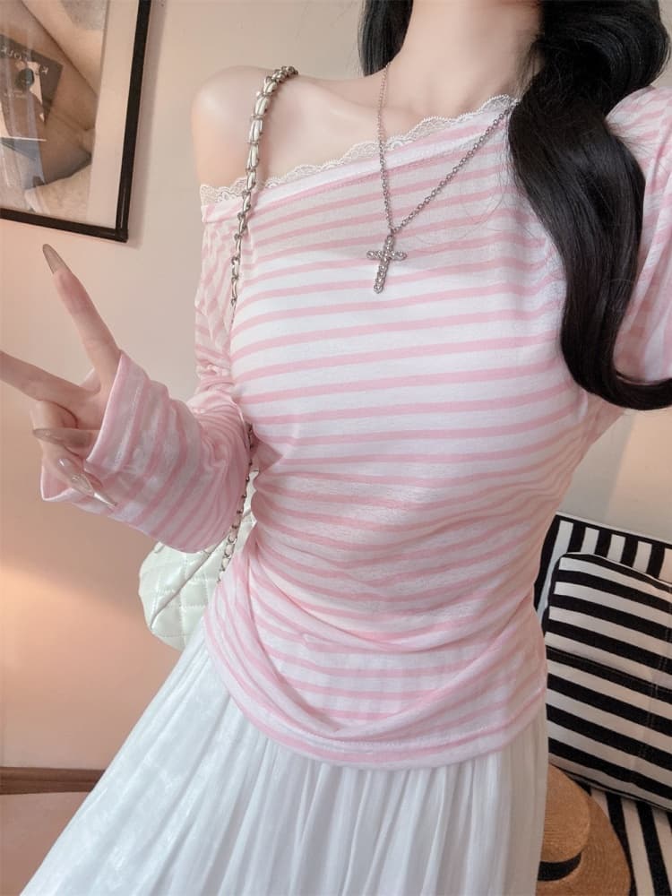 실사 정가 감소되지 않음 달콤한 스타일 레이스 조각 비스듬한 어깨 긴팔 티셔츠 여성 가을 연령 감소 스트라이프 오프숄더 맨위 상세 이미지 18