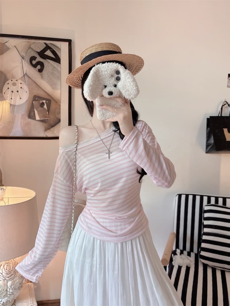 실사 정가 감소되지 않음 달콤한 스타일 레이스 조각 비스듬한 어깨 긴팔 티셔츠 여성 가을 연령 감소 스트라이프 오프숄더 맨위 상세 이미지 21