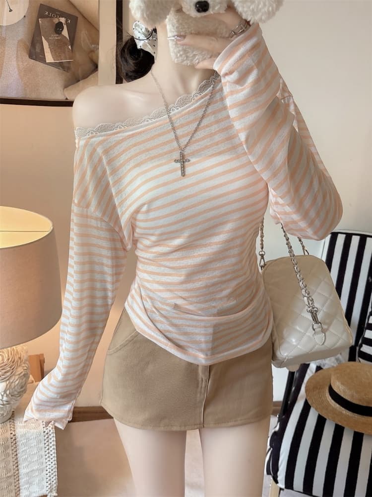 실사 정가 감소되지 않음 달콤한 스타일 레이스 조각 비스듬한 어깨 긴팔 티셔츠 여성 가을 연령 감소 스트라이프 오프숄더 맨위 상세 이미지 30