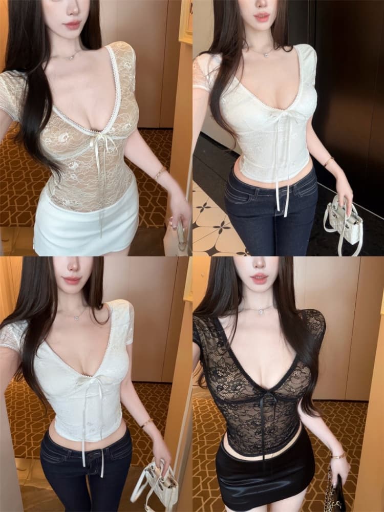 실사 정가 감소되지 않음 순수한 욕망 바람 스트랩 V넥 반팔 레이스 티셔츠 여성 몸매 가꾸기 마이크로 ~을 통해 디스플레이 몸 쇼트 스타일 맨위 상세 이미지 1