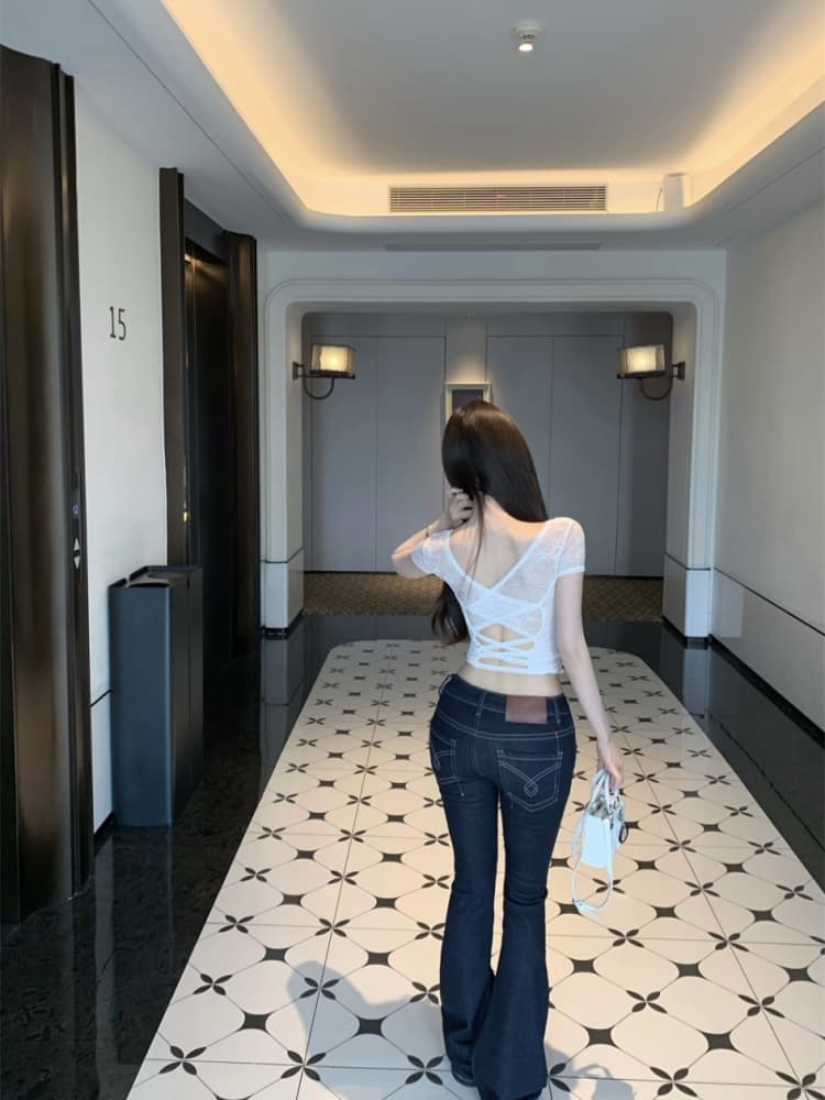 실사 정가 감소되지 않음 순수한 욕망 바람 스트랩 V넥 반팔 레이스 티셔츠 여성 몸매 가꾸기 마이크로 ~을 통해 디스플레이 몸 쇼트 스타일 맨위 상세 이미지 21