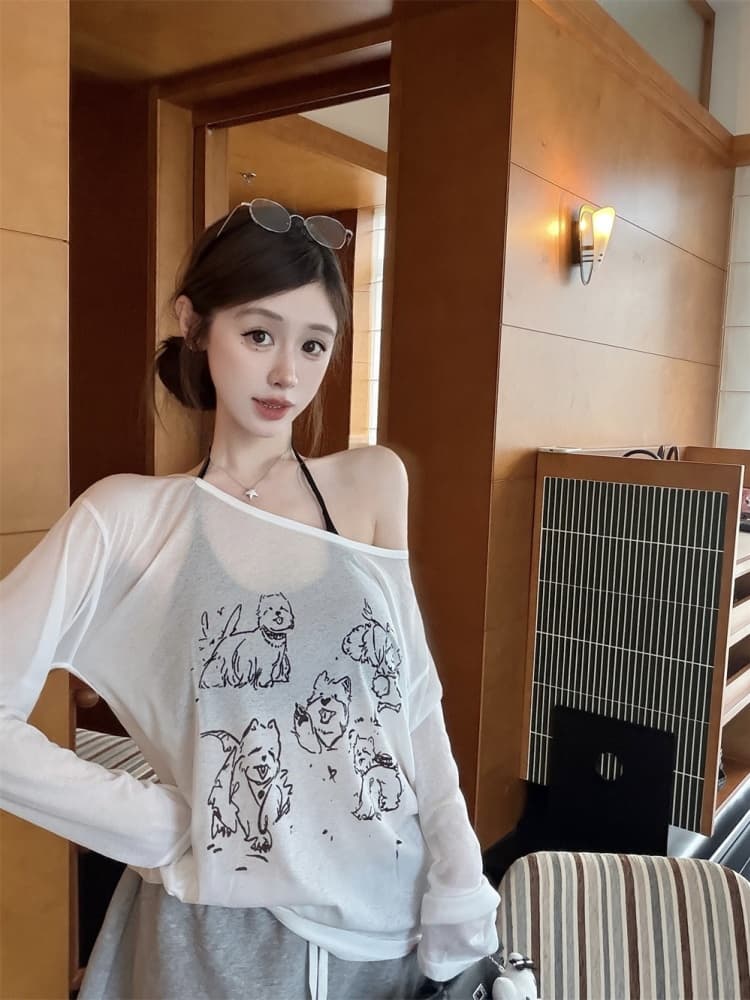 실사 정가 감소되지 않음 디자인 센스 얇은 스타일 프린트 긴팔 티셔츠 여성 2026 년 섹시함 행침 목 투피스 조끼 상세 이미지 7