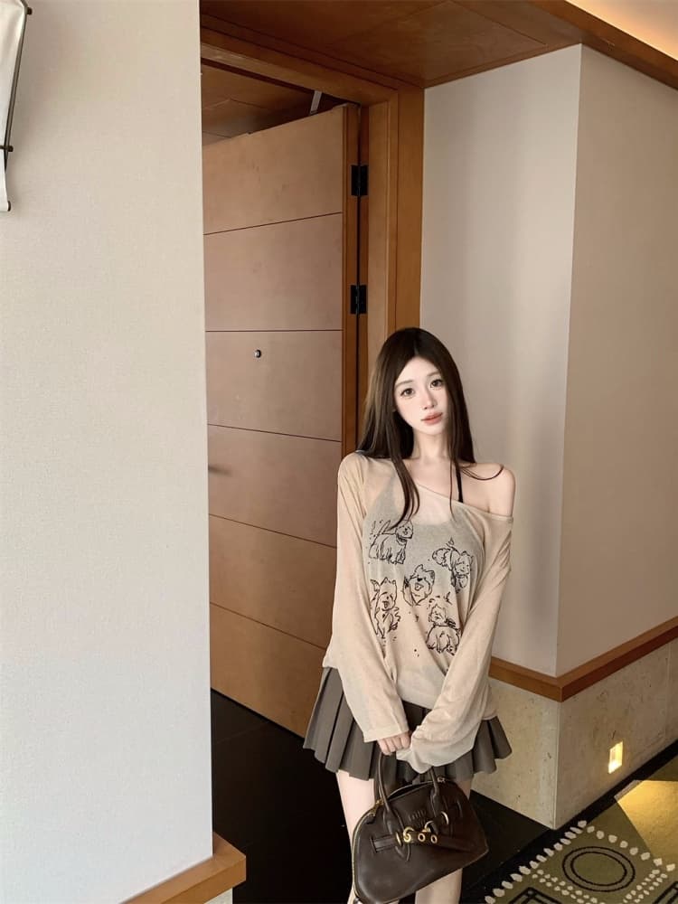 실사 정가 감소되지 않음 디자인 센스 얇은 스타일 프린트 긴팔 티셔츠 여성 2026 년 섹시함 행침 목 투피스 조끼 상세 이미지 23