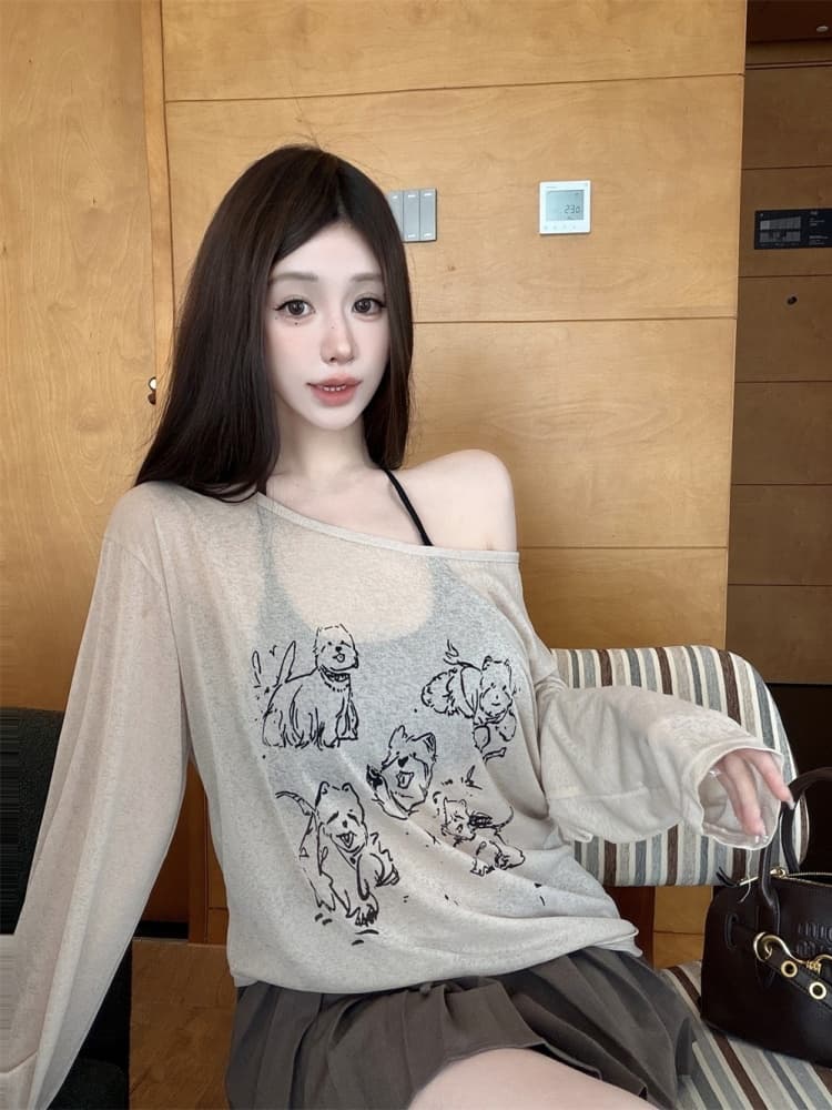 실사 정가 감소되지 않음 디자인 센스 얇은 스타일 프린트 긴팔 티셔츠 여성 2026 년 섹시함 행침 목 투피스 조끼 상세 이미지 25