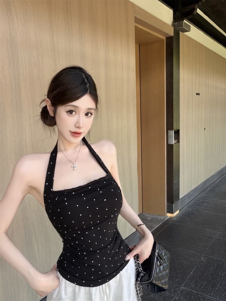 실사 정가 감소되지 않음 아메리칸 패치워크 벨트 가슴 패드 민소매 캐미솔 몸매 가꾸기 슬림해 보이는 도트 무늬 캐주얼 맨위 상세 이미지 26