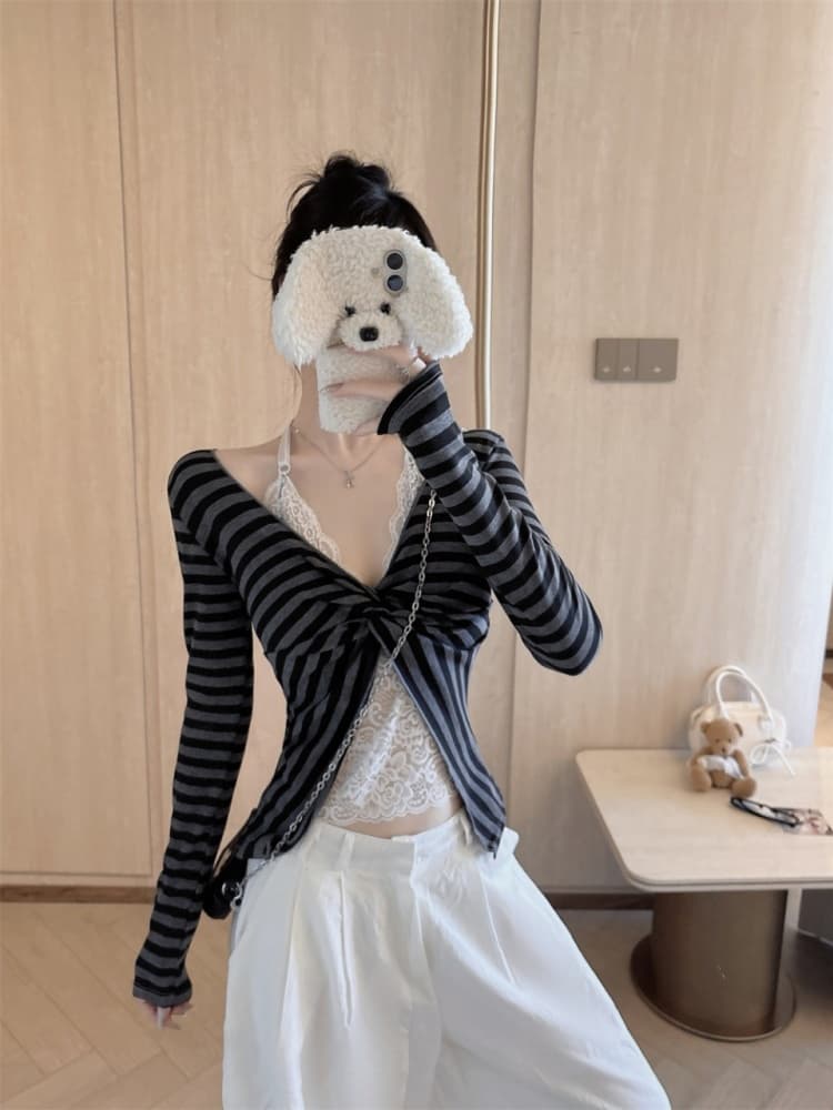 실사 정가 감소되지 않음 가을 벨트 가슴 패드 비틀림 디자인 행침 목 레이스 조각 스트라이프 긴팔 페이크 레이어드 맨위 상세 이미지 4