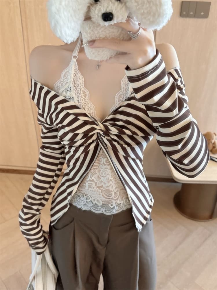 실사 정가 감소되지 않음 가을 벨트 가슴 패드 비틀림 디자인 행침 목 레이스 조각 스트라이프 긴팔 페이크 레이어드 맨위 상세 이미지 14