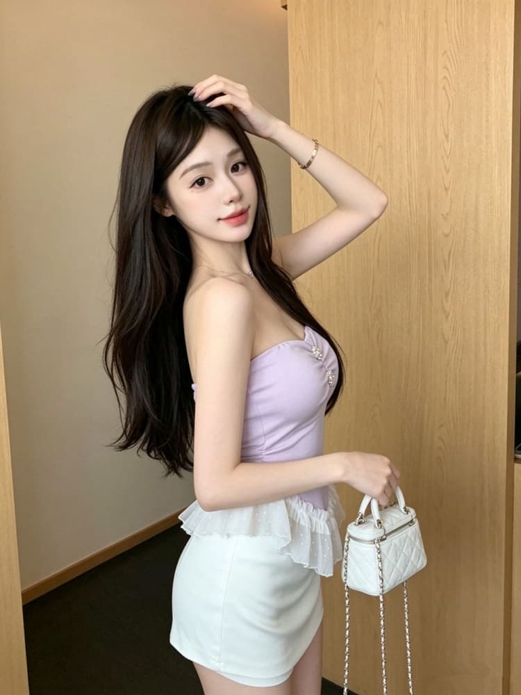 실사 정가 감소되지 않음 스와로브스키 레이스 프릴 패치워크 튜브탑 조끼 여성 벨트 가슴 패드 허리 수축 아름다움 뒤쪽에 의류 상세 이미지 20