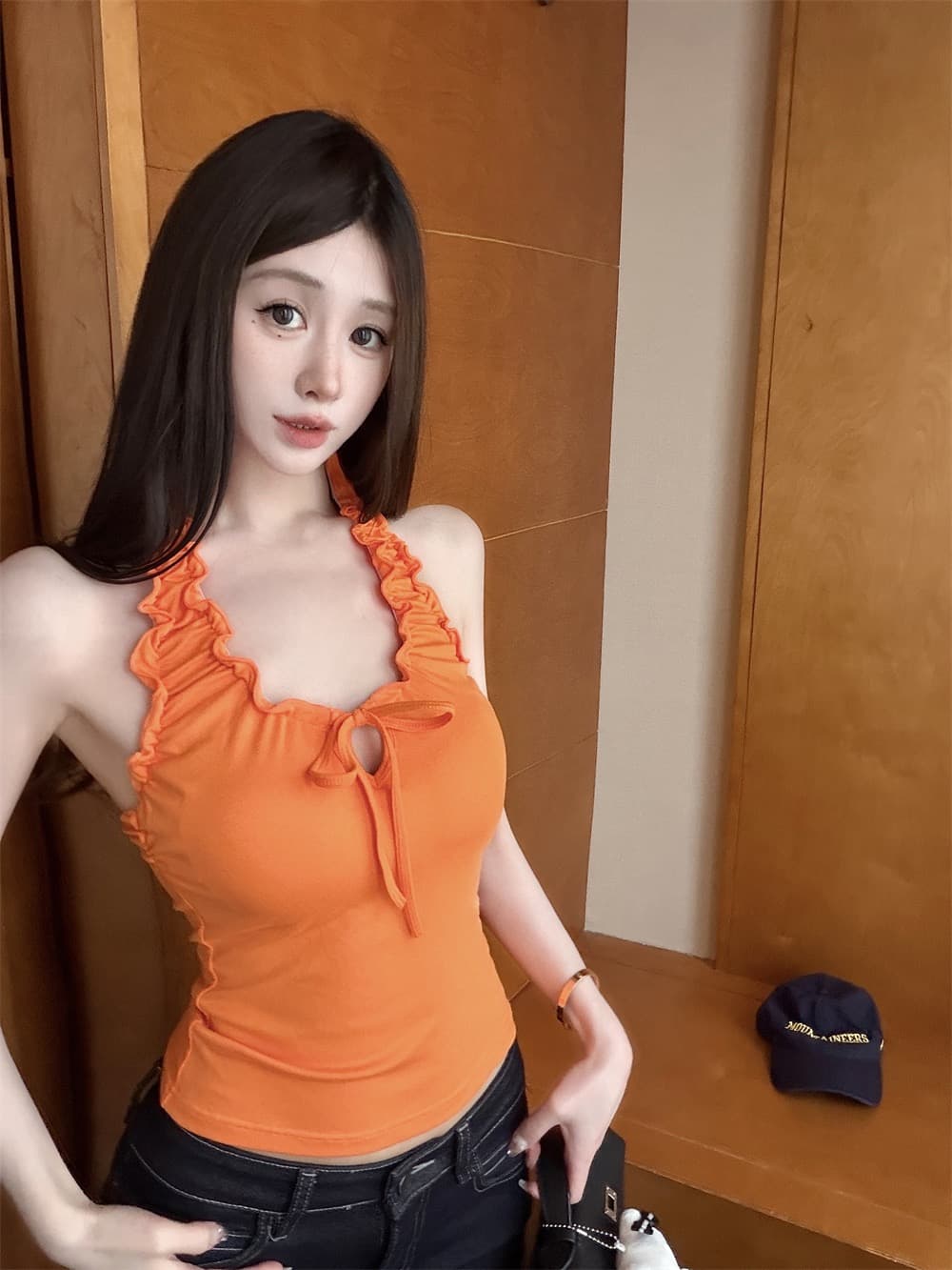 실사 정가 감소되지 않음 한 부서 핫걸 바람 프릴 행침 목 캐미솔 외출용 도파민 주황색 맨위 상세 이미지 3