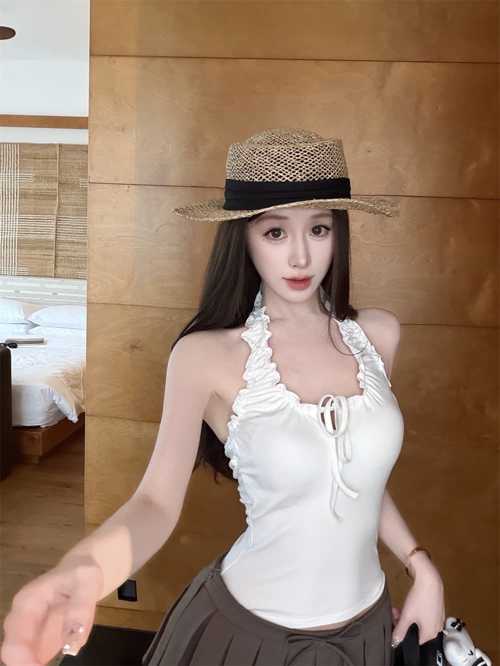 실사 정가 감소되지 않음 한 부서 핫걸 바람 프릴 행침 목 캐미솔 외출용 도파민 주황색 맨위 상세 이미지 11