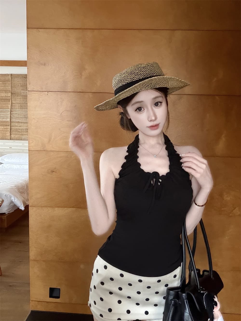 실사 정가 감소되지 않음 한 부서 핫걸 바람 프릴 행침 목 캐미솔 외출용 도파민 주황색 맨위 상세 이미지 15