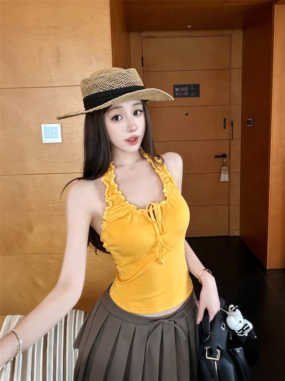 실사 정가 감소되지 않음 한 부서 핫걸 바람 프릴 행침 목 캐미솔 외출용 도파민 주황색 맨위 상세 이미지 17