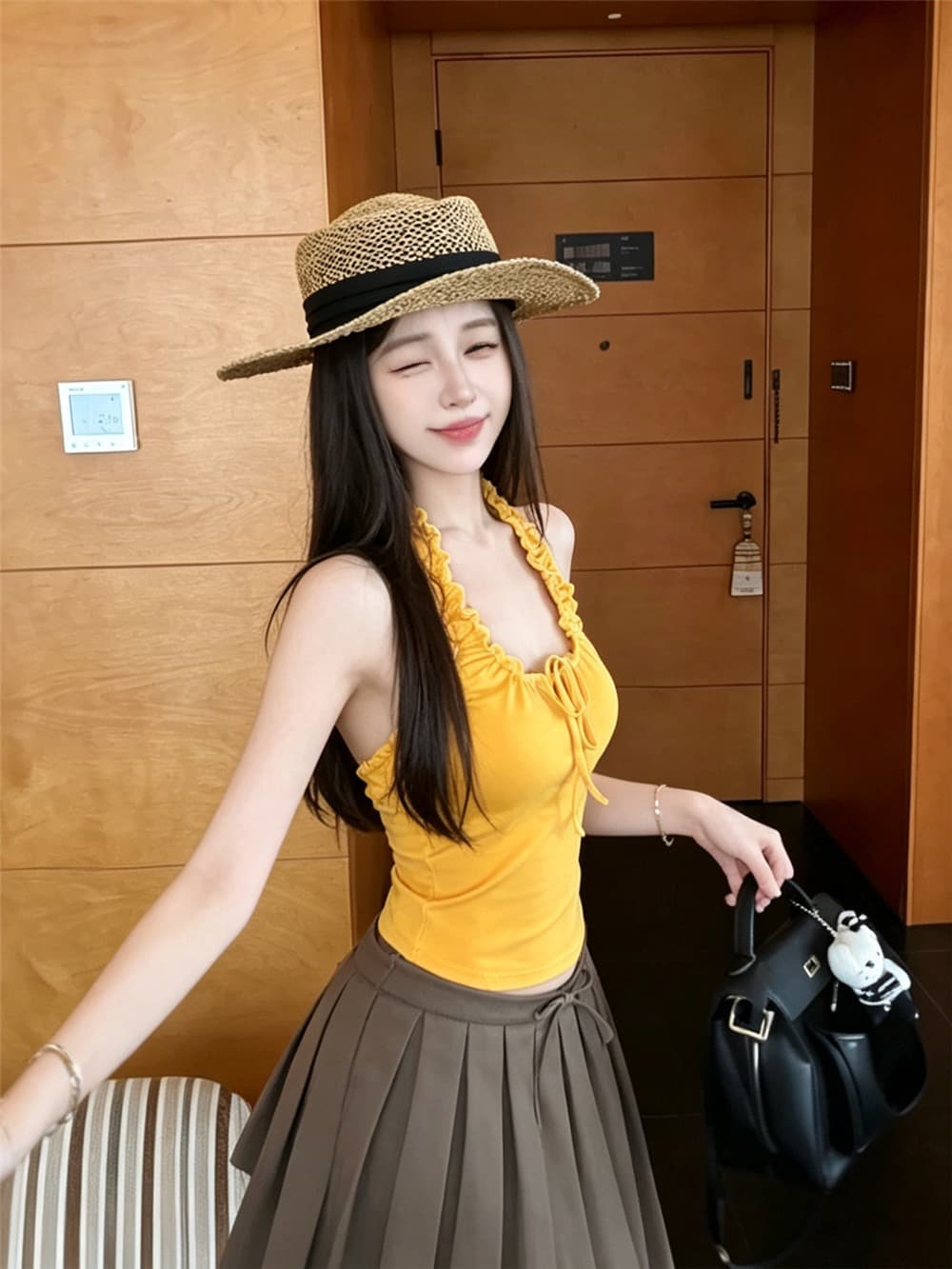 실사 정가 감소되지 않음 한 부서 핫걸 바람 프릴 행침 목 캐미솔 외출용 도파민 주황색 맨위 상세 이미지 19