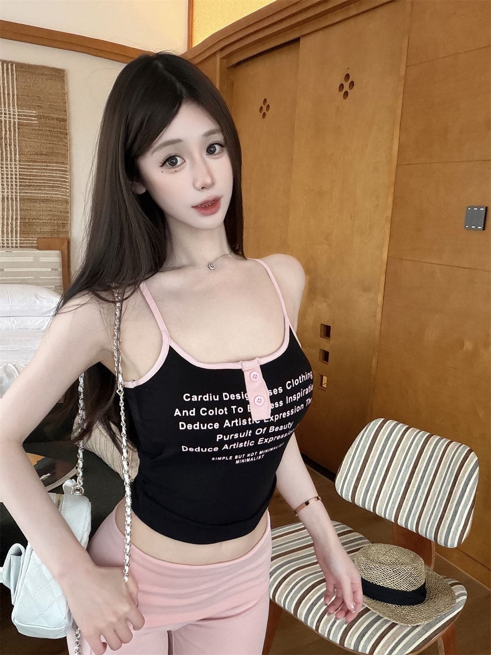 실사 정가 감소되지 않음 배색 알파벳 프린트 캐미솔 여성 의류 디자인 센스 쇼트 스타일 외출용 핫걸 맨위 상세 이미지 25