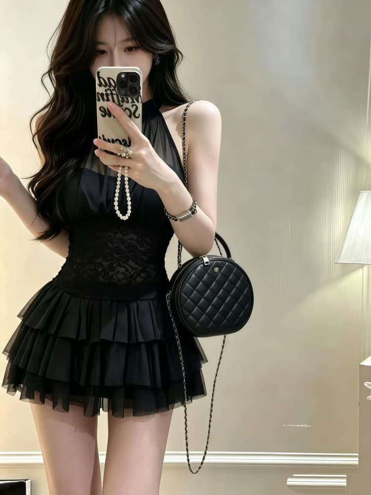 정가 감소되지 않음 순수한 욕망 섹시함 망사 패치워크 행침 목 레이스업 조끼 몸매 가꾸기 민소매 쇼트 스타일 맨위 이미지 2