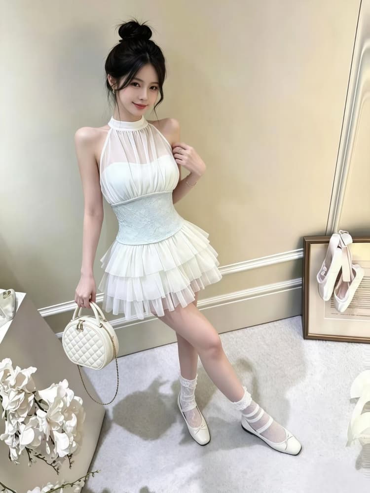 정가 감소되지 않음 순수한 욕망 섹시함 망사 패치워크 행침 목 레이스업 조끼 몸매 가꾸기 민소매 쇼트 스타일 맨위 상세 이미지 2
