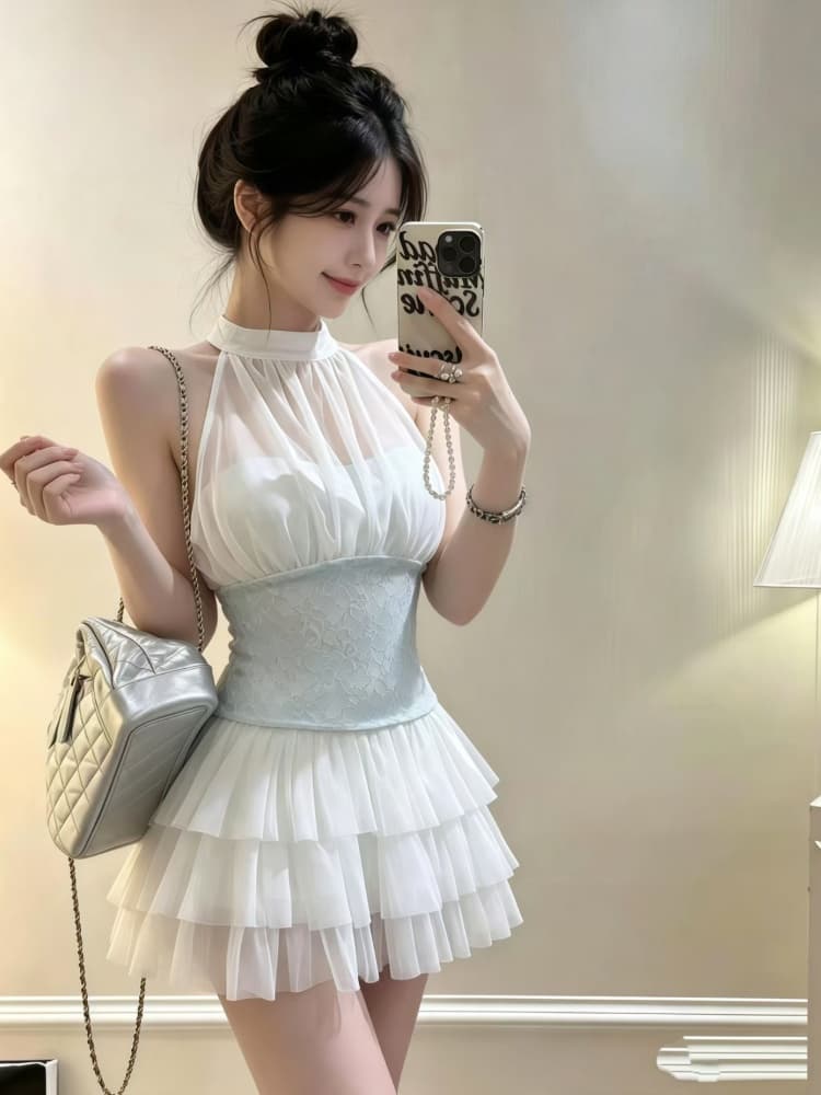 정가 감소되지 않음 순수한 욕망 섹시함 망사 패치워크 행침 목 레이스업 조끼 몸매 가꾸기 민소매 쇼트 스타일 맨위 상세 이미지 4