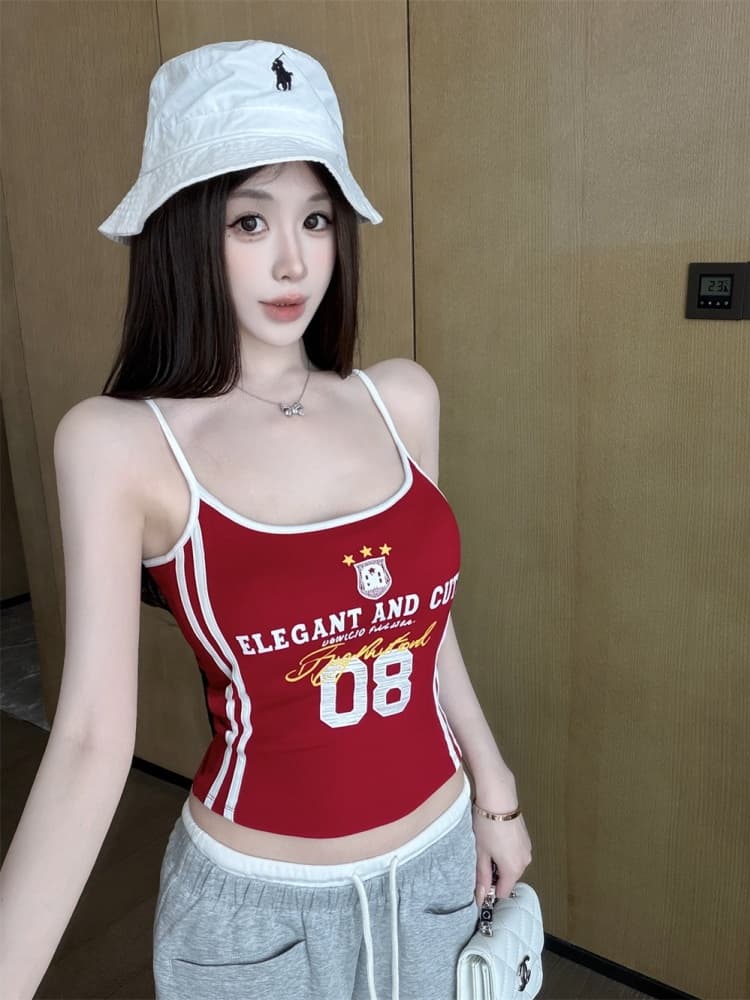 실사 정가 감소되지 않음 운동 바람 알파벳 프린트 배색 스트라이프 캐미솔 벨트 가슴 패드 아름다움 뒤쪽에 의류 트렌디 이미지 3