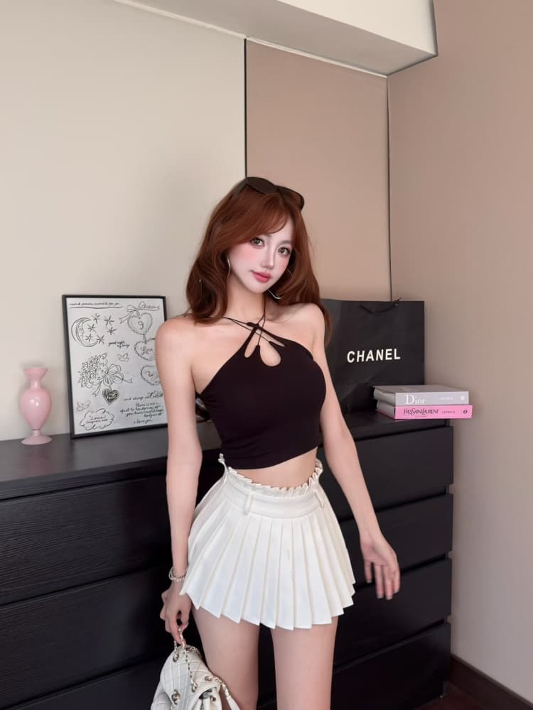 실사 정가 감소되지 않음 핫걸 바람 주황색 색상 홀로우 아웃 십자가 캐미솔 몸매 가꾸기 민소매 아름다움 뒤로 외출용 맨위 이미지 2