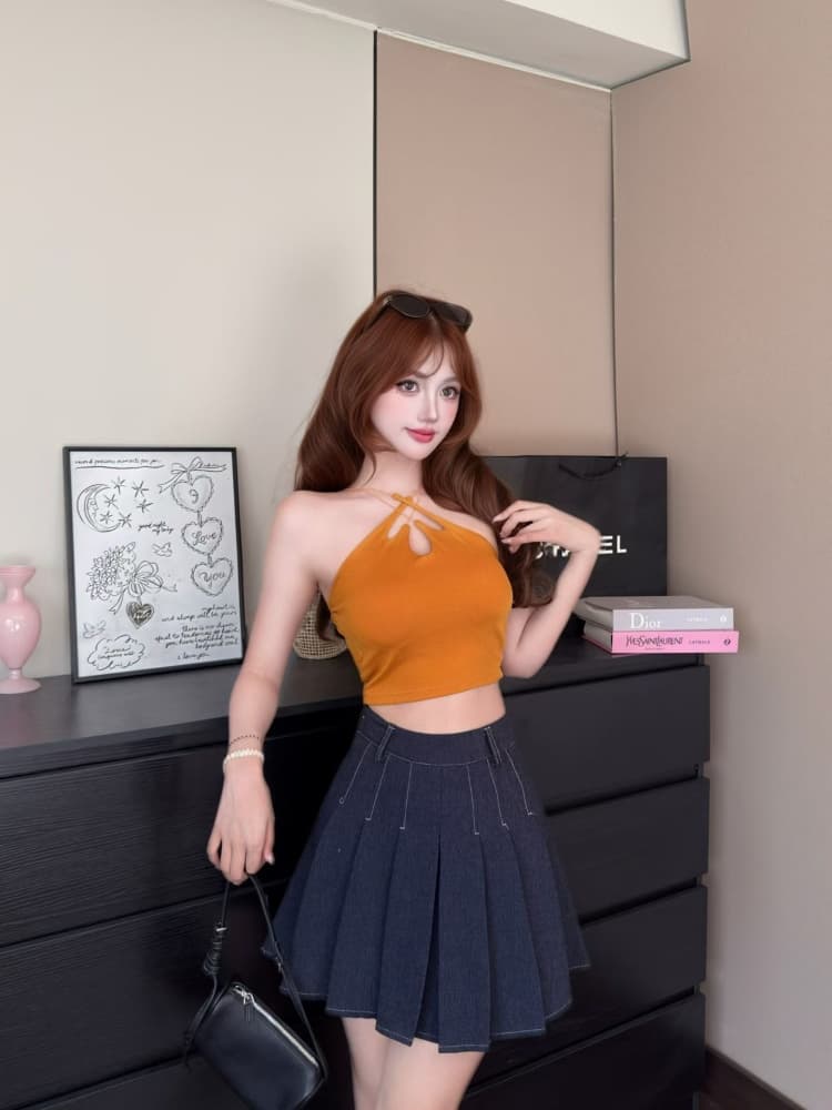 실사 정가 감소되지 않음 핫걸 바람 주황색 색상 홀로우 아웃 십자가 캐미솔 몸매 가꾸기 민소매 아름다움 뒤로 외출용 맨위
