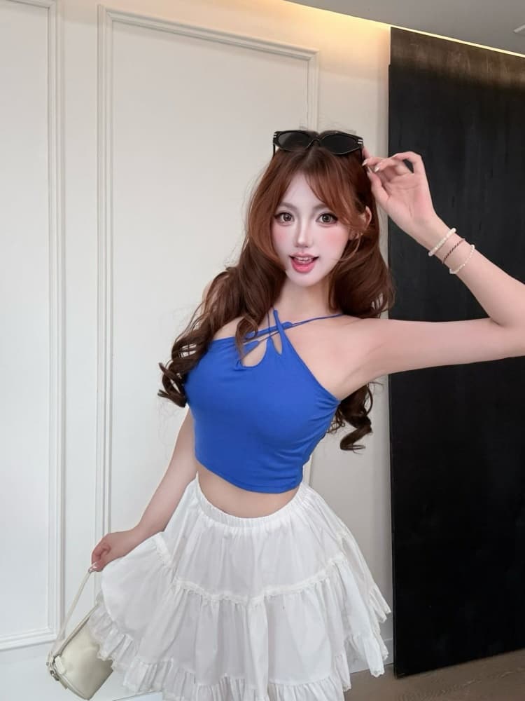 실사 정가 감소되지 않음 핫걸 바람 주황색 색상 홀로우 아웃 십자가 캐미솔 몸매 가꾸기 민소매 아름다움 뒤로 외출용 맨위 이미지 3