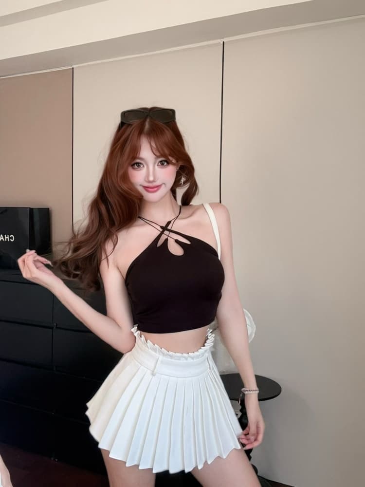실사 정가 감소되지 않음 핫걸 바람 주황색 색상 홀로우 아웃 십자가 캐미솔 몸매 가꾸기 민소매 아름다움 뒤로 외출용 맨위 상세 이미지 2