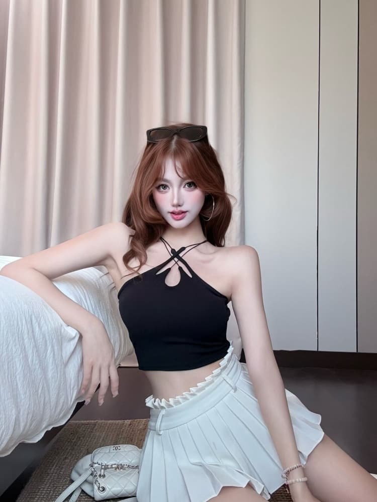 실사 정가 감소되지 않음 핫걸 바람 주황색 색상 홀로우 아웃 십자가 캐미솔 몸매 가꾸기 민소매 아름다움 뒤로 외출용 맨위 상세 이미지 7