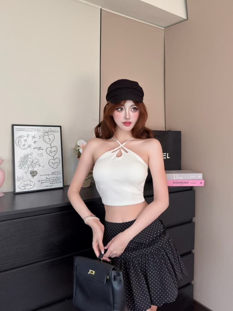 실사 정가 감소되지 않음 핫걸 바람 주황색 색상 홀로우 아웃 십자가 캐미솔 몸매 가꾸기 민소매 아름다움 뒤로 외출용 맨위 상세 이미지 9