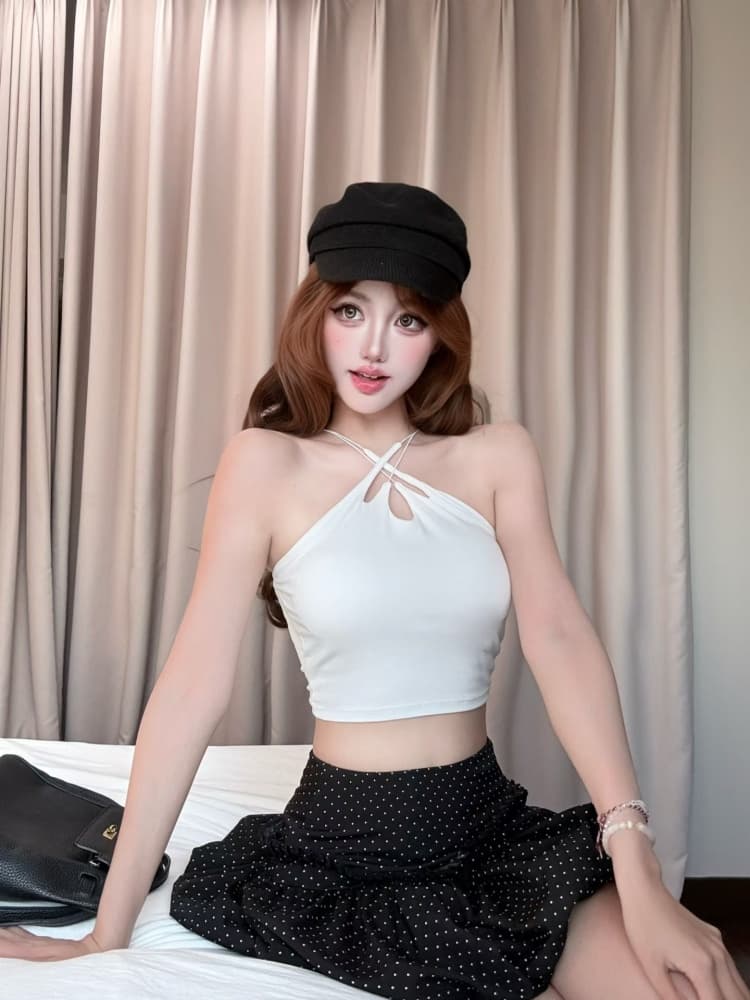 실사 정가 감소되지 않음 핫걸 바람 주황색 색상 홀로우 아웃 십자가 캐미솔 몸매 가꾸기 민소매 아름다움 뒤로 외출용 맨위 상세 이미지 12