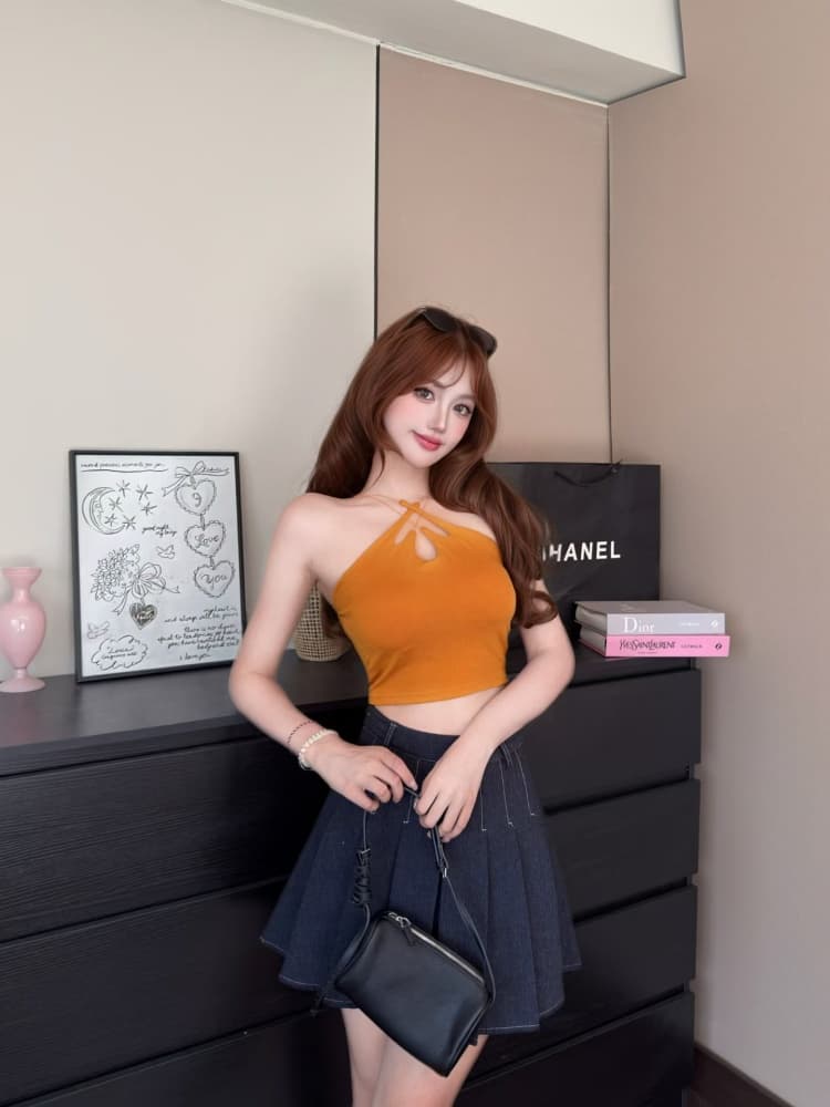 실사 정가 감소되지 않음 핫걸 바람 주황색 색상 홀로우 아웃 십자가 캐미솔 몸매 가꾸기 민소매 아름다움 뒤로 외출용 맨위 상세 이미지 26