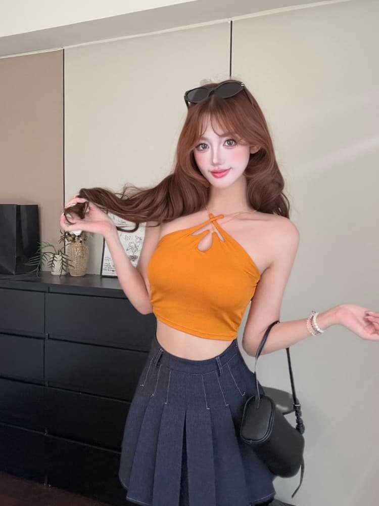 실사 정가 감소되지 않음 핫걸 바람 주황색 색상 홀로우 아웃 십자가 캐미솔 몸매 가꾸기 민소매 아름다움 뒤로 외출용 맨위 상세 이미지 28