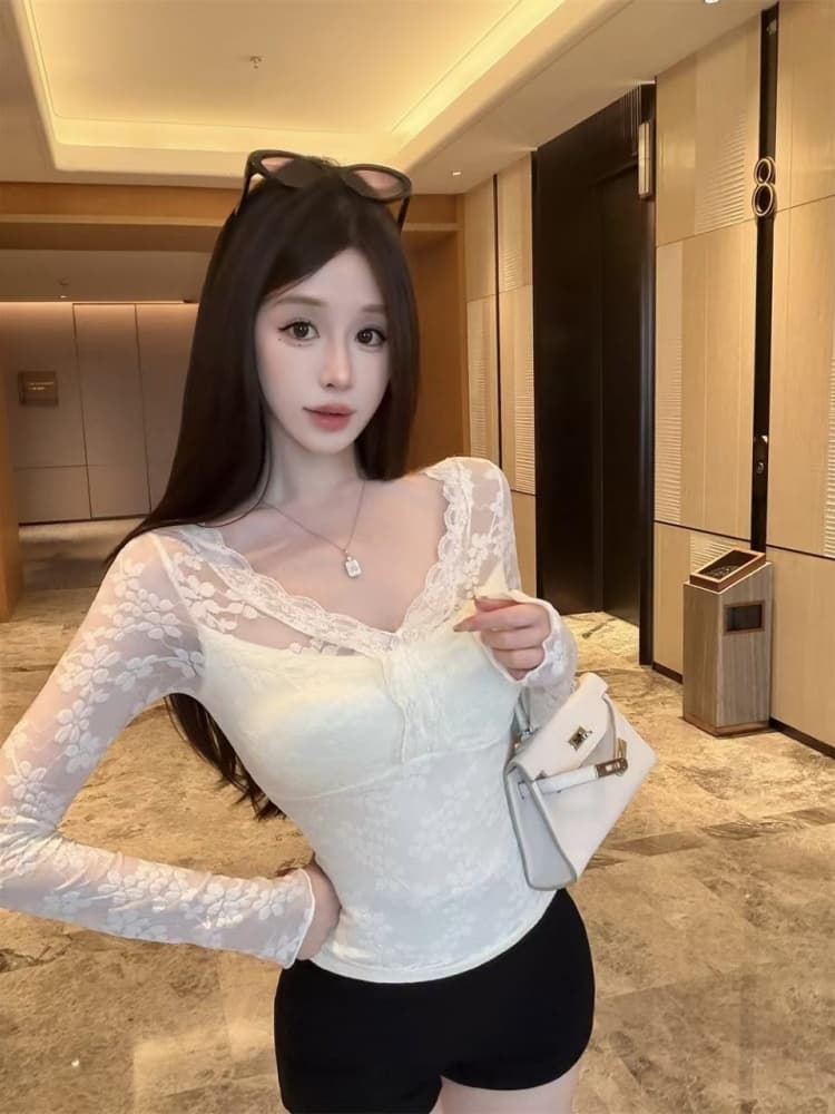실사 정가 감소되지 않음 부드러운 순수한 욕망 레이스 V넥 레이스 기본 셔츠 여성 가을 겨울 긴팔 인사이드 가져 가라. 섹시함 맨위 이미지 3