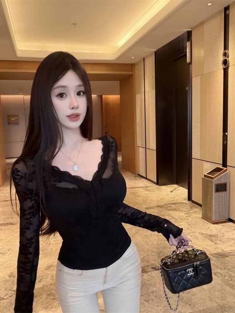 실사 정가 감소되지 않음 부드러운 순수한 욕망 레이스 V넥 레이스 기본 셔츠 여성 가을 겨울 긴팔 인사이드 가져 가라. 섹시함 맨위