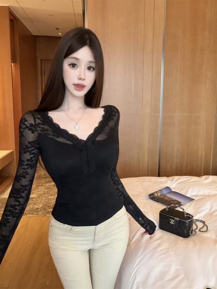 실사 정가 감소되지 않음 부드러운 순수한 욕망 레이스 V넥 레이스 기본 셔츠 여성 가을 겨울 긴팔 인사이드 가져 가라. 섹시함 맨위 상세 이미지 1
