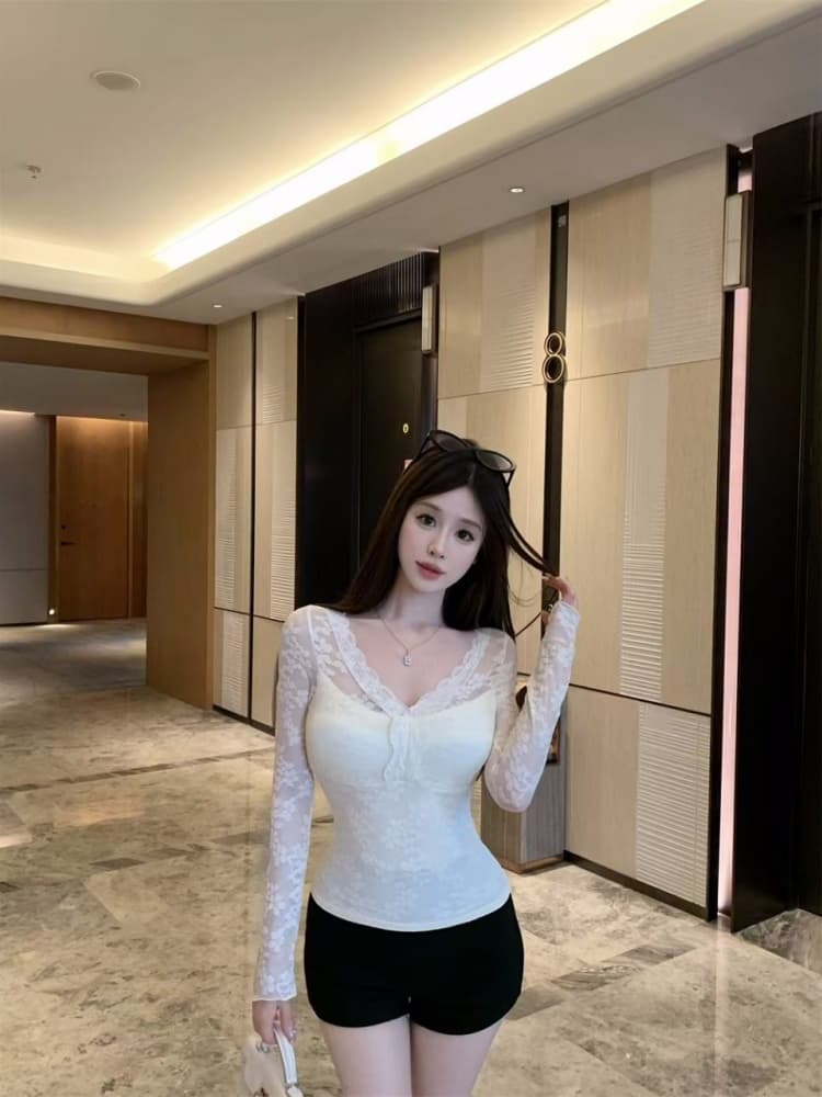 실사 정가 감소되지 않음 부드러운 순수한 욕망 레이스 V넥 레이스 기본 셔츠 여성 가을 겨울 긴팔 인사이드 가져 가라. 섹시함 맨위 상세 이미지 9