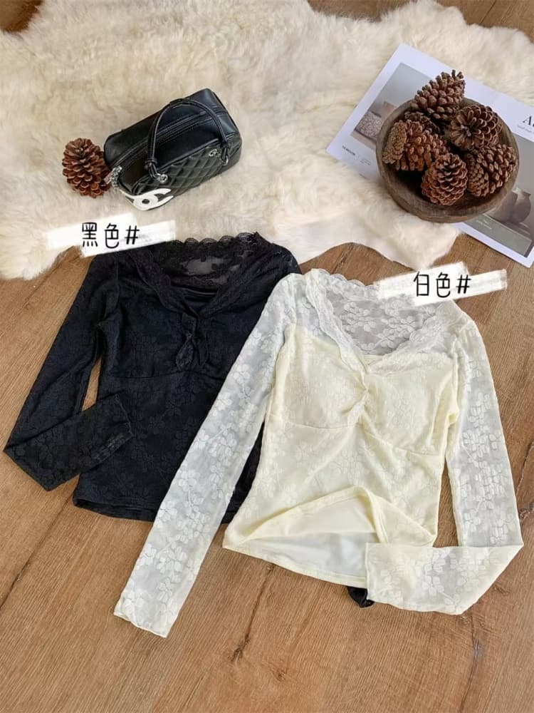 실사 정가 감소되지 않음 부드러운 순수한 욕망 레이스 V넥 레이스 기본 셔츠 여성 가을 겨울 긴팔 인사이드 가져 가라. 섹시함 맨위 상세 이미지 16