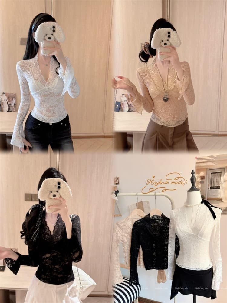 실사 정가 감소되지 않음 가을 화이트 V넥 긴팔 레이스 티셔츠 여성 순수한 욕망 섹시함 몸매 가꾸기 얇은 스타일 만나는 맨위 상세 이미지 2
