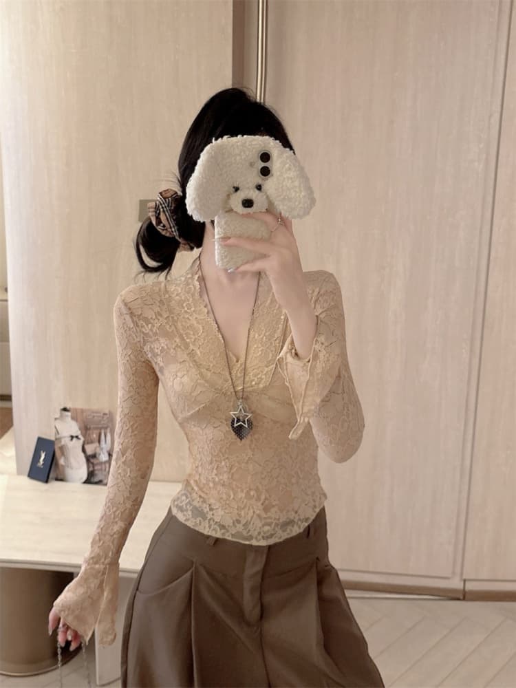 실사 정가 감소되지 않음 가을 화이트 V넥 긴팔 레이스 티셔츠 여성 순수한 욕망 섹시함 몸매 가꾸기 얇은 스타일 만나는 맨위 상세 이미지 14