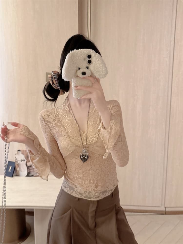 실사 정가 감소되지 않음 가을 화이트 V넥 긴팔 레이스 티셔츠 여성 순수한 욕망 섹시함 몸매 가꾸기 얇은 스타일 만나는 맨위 상세 이미지 16