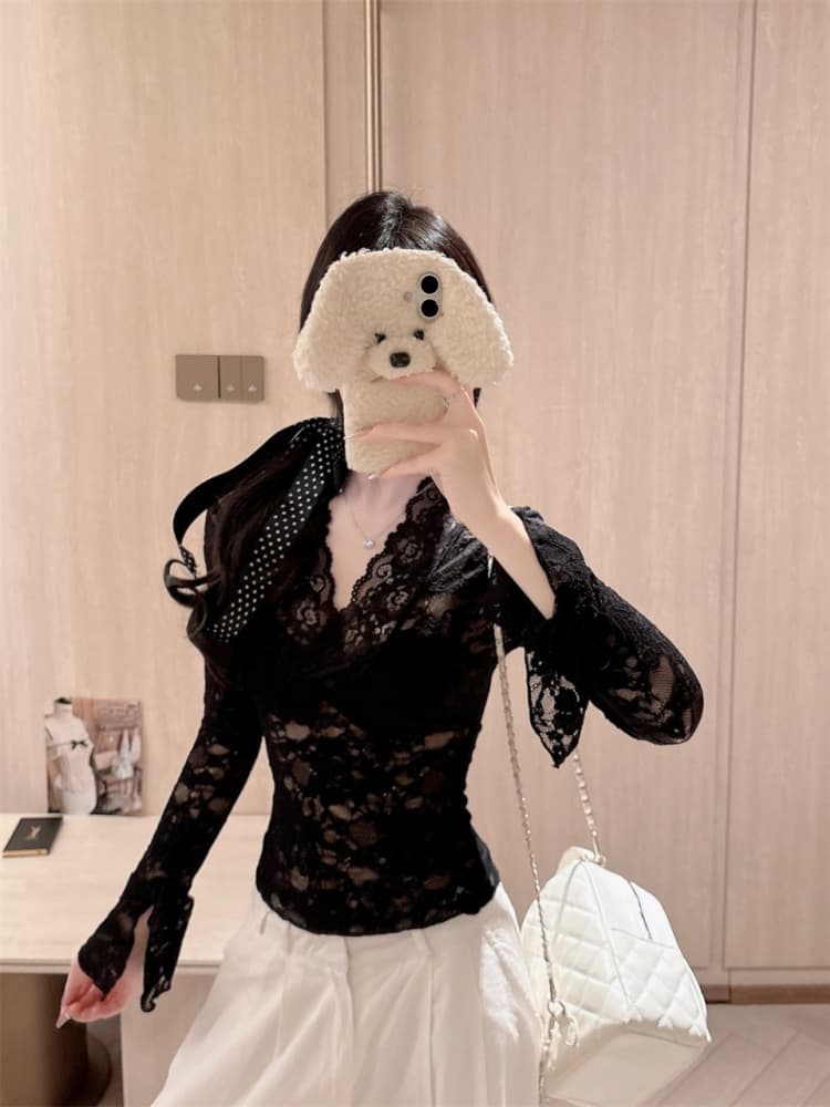 실사 정가 감소되지 않음 가을 화이트 V넥 긴팔 레이스 티셔츠 여성 순수한 욕망 섹시함 몸매 가꾸기 얇은 스타일 만나는 맨위 상세 이미지 23