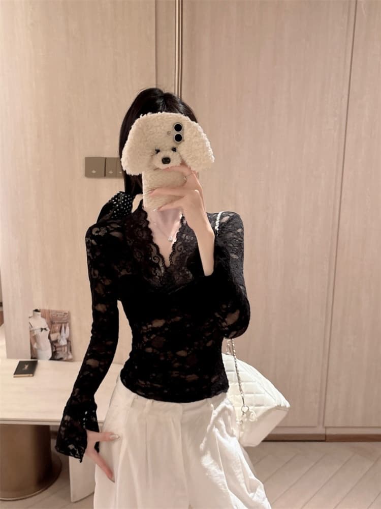 실사 정가 감소되지 않음 가을 화이트 V넥 긴팔 레이스 티셔츠 여성 순수한 욕망 섹시함 몸매 가꾸기 얇은 스타일 만나는 맨위 상세 이미지 25