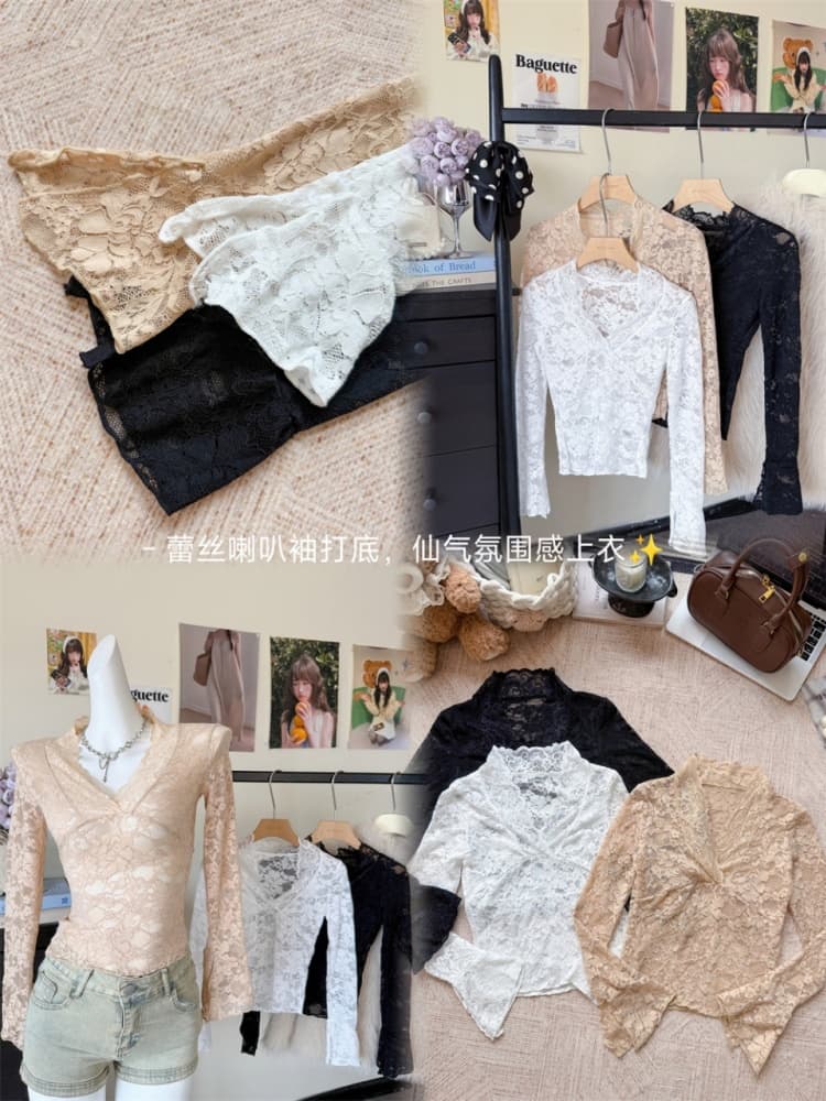 실사 정가 감소되지 않음 가을 화이트 V넥 긴팔 레이스 티셔츠 여성 순수한 욕망 섹시함 몸매 가꾸기 얇은 스타일 만나는 맨위 상세 이미지 26