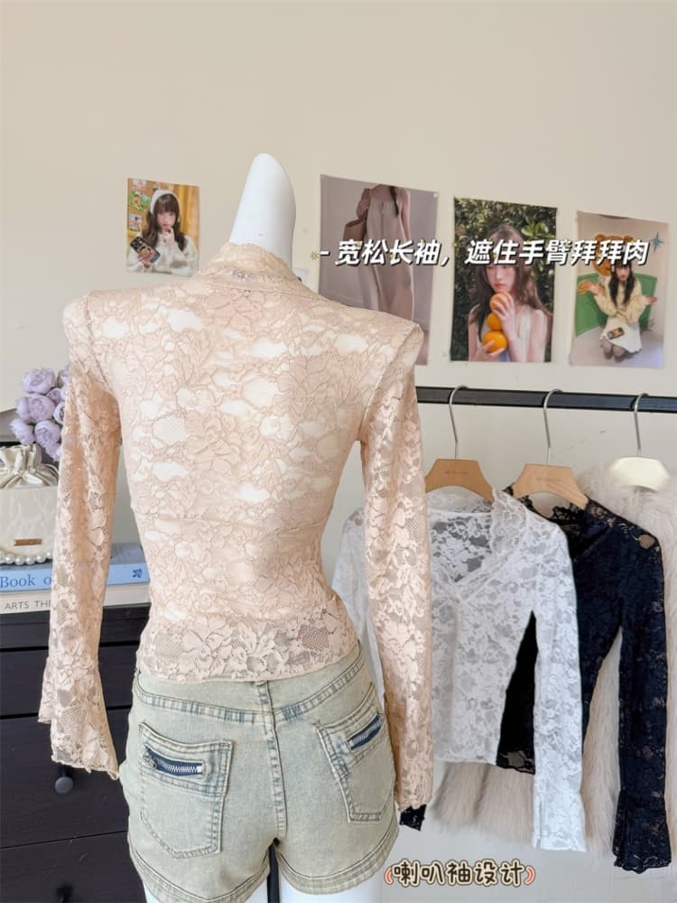 실사 정가 감소되지 않음 가을 화이트 V넥 긴팔 레이스 티셔츠 여성 순수한 욕망 섹시함 몸매 가꾸기 얇은 스타일 만나는 맨위 상세 이미지 28