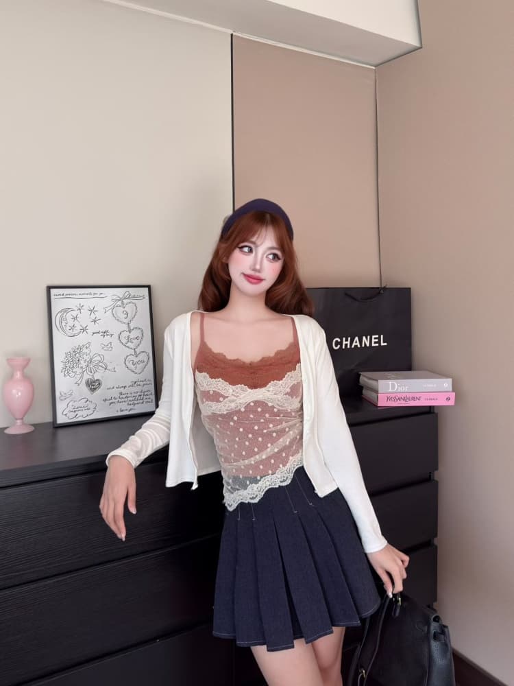 실사 정가 감소되지 않음 순수한 욕망 도트 무늬 망사 레이스 슬립 오픈 가디건 투피스 세트 인사이드 가져 가라. 벨트 가슴 패드 스택 착용 세트 이미지 3