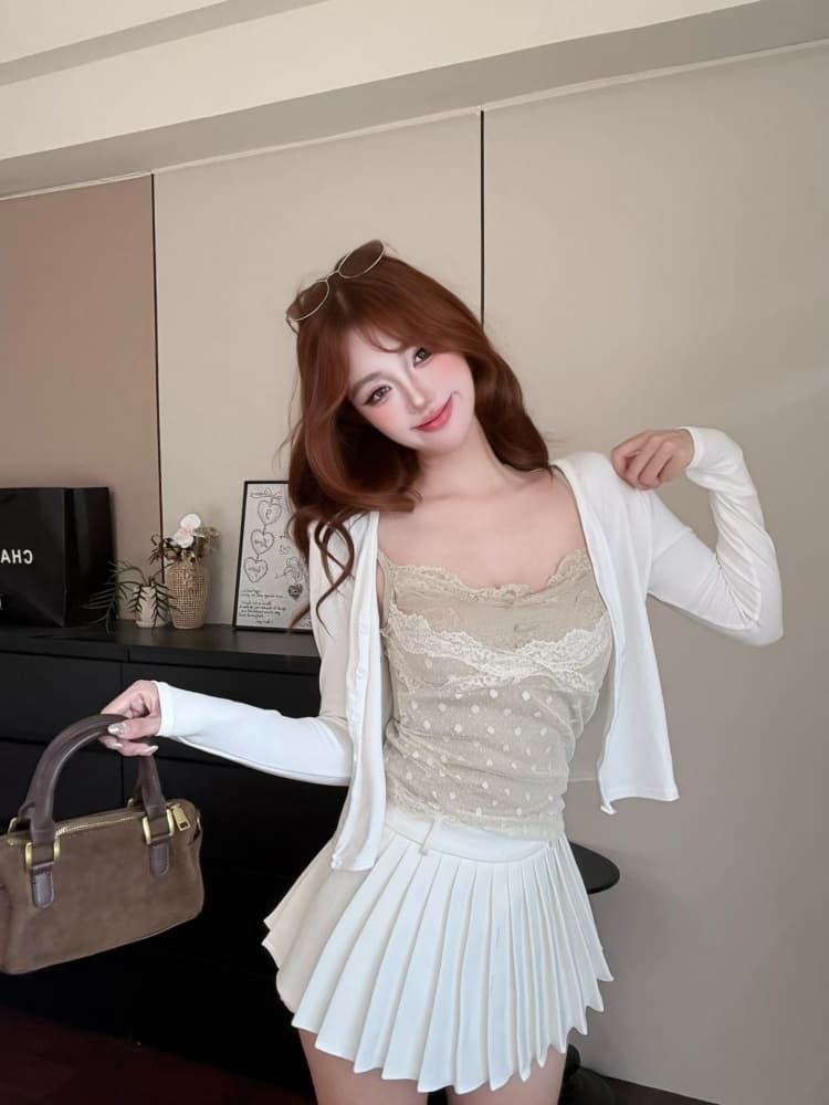 실사 정가 감소되지 않음 순수한 욕망 도트 무늬 망사 레이스 슬립 오픈 가디건 투피스 세트 인사이드 가져 가라. 벨트 가슴 패드 스택 착용 세트